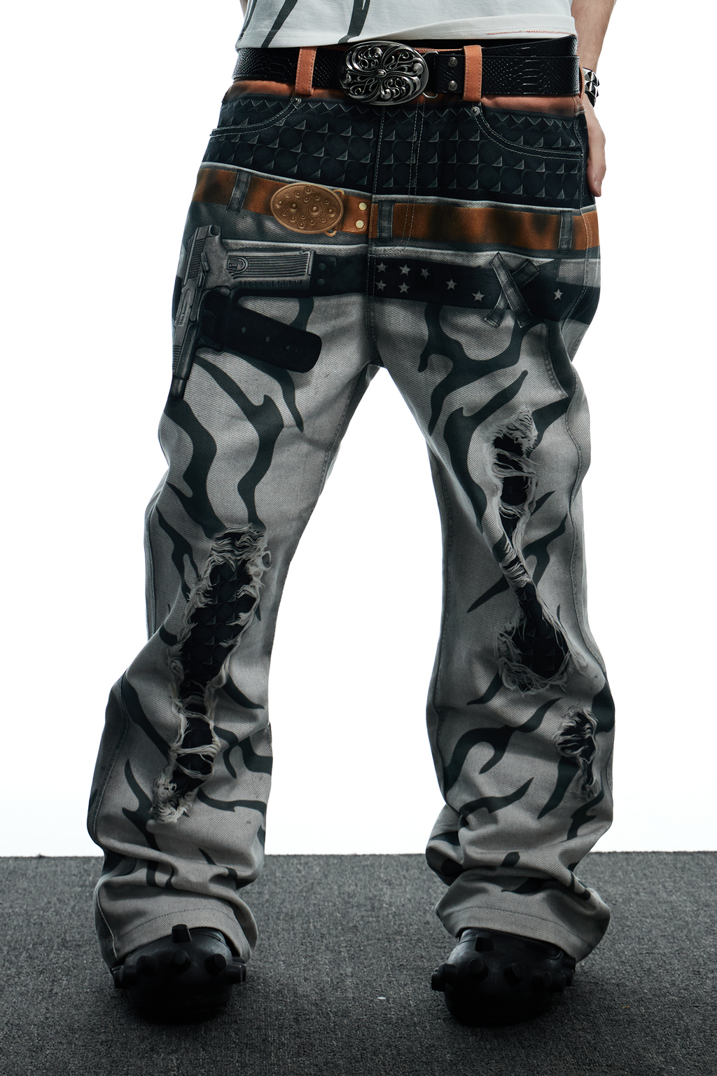 DND4DES Distressed Print Double-Waist Flare Jeans White
