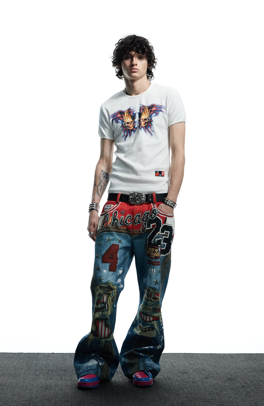 DND4DES Chicago Bulls Print Studded Flare Jeans