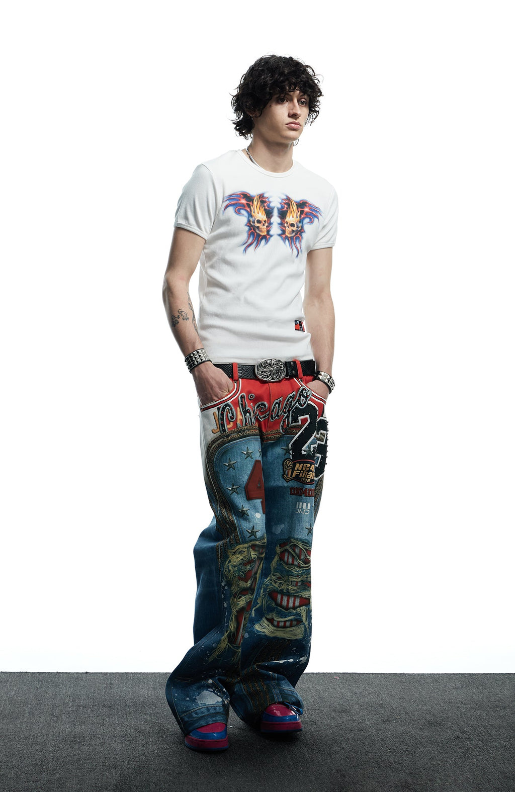 DND4DES Chicago Bulls Print Studded Flare Jeans