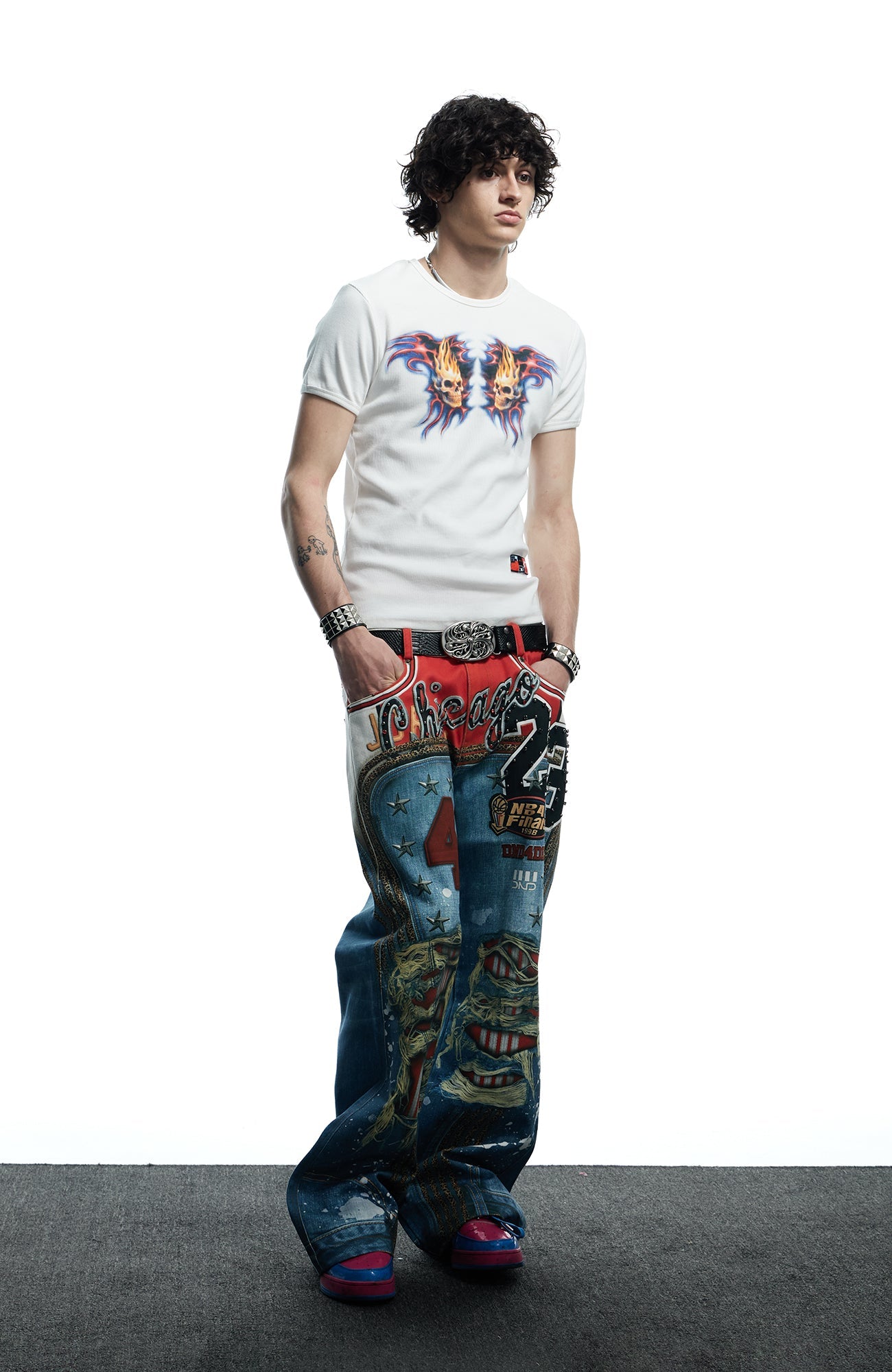 DND4DES Chicago Bulls Print Studded Flare Jeans