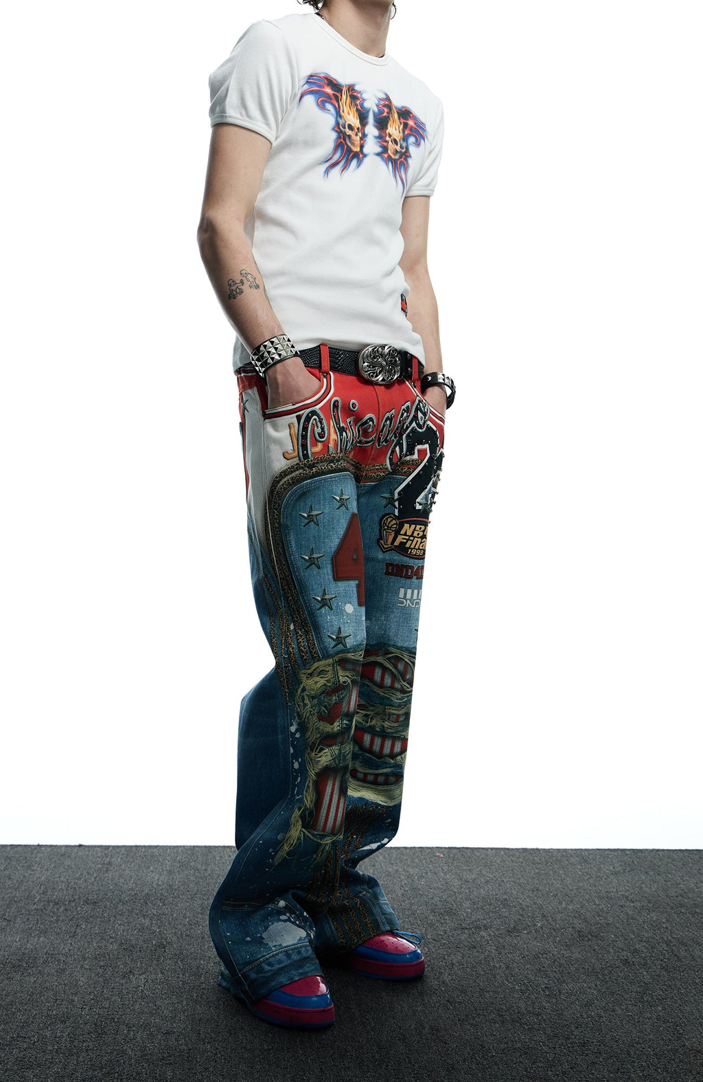 DND4DES Chicago Bulls Print Studded Flare Jeans