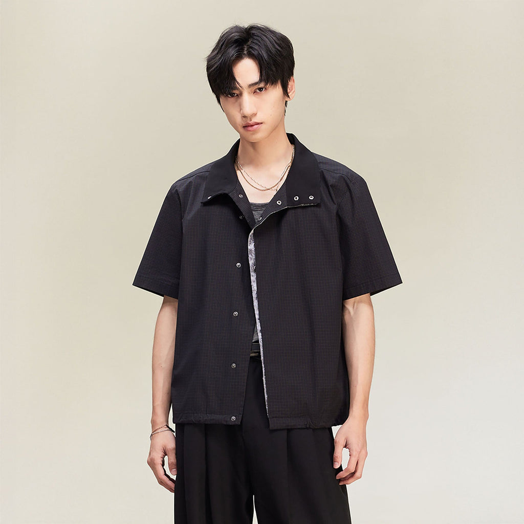 ALVNG AR ANTS Asymmetrical Snap Placket Mini Check Half Shirt