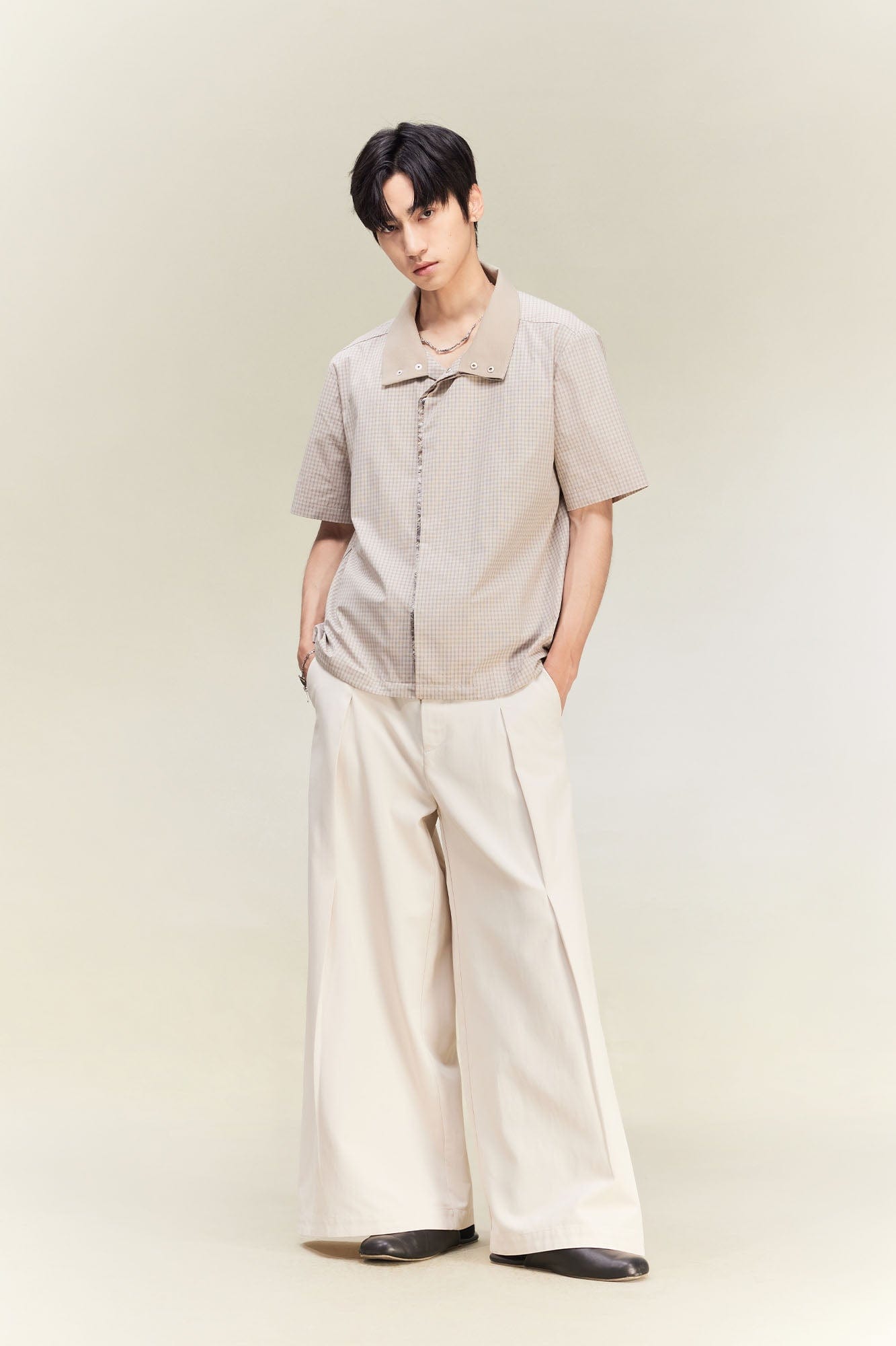 ALVNG AR ANTS Asymmetrical Snap Placket Mini Check Half Shirt