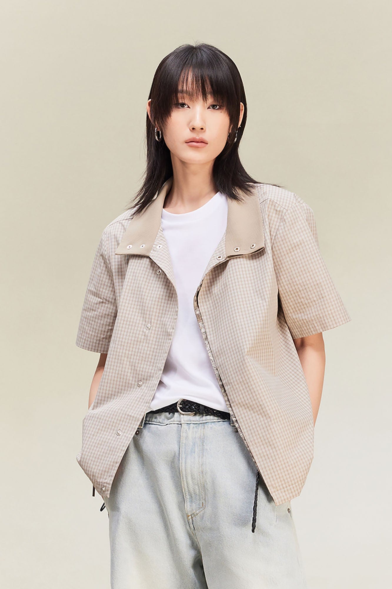 ALVNG AR ANTS Asymmetrical Snap Placket Mini Check Half Shirt