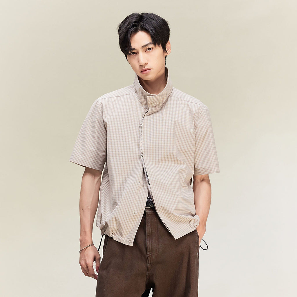 ALVNG AR ANTS Asymmetrical Snap Placket Mini Check Half Shirt
