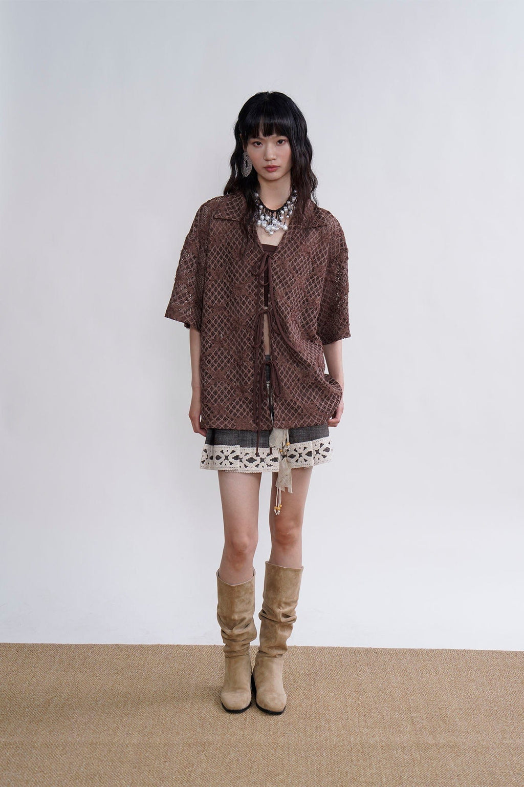 ORAL UTOPIA Crochet Tie-Front Sheer Cuban Half Shirt