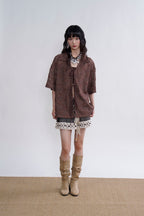 ORAL UTOPIA Crochet Tie-Front Sheer Cuban Half Shirt