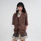ORAL UTOPIA Crochet Tie-Front Sheer Cuban Half Shirt