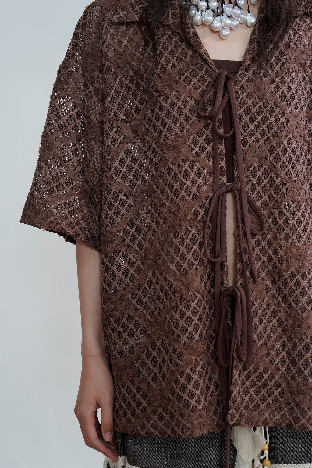 ORAL UTOPIA Crochet Tie-Front Sheer Cuban Half Shirt