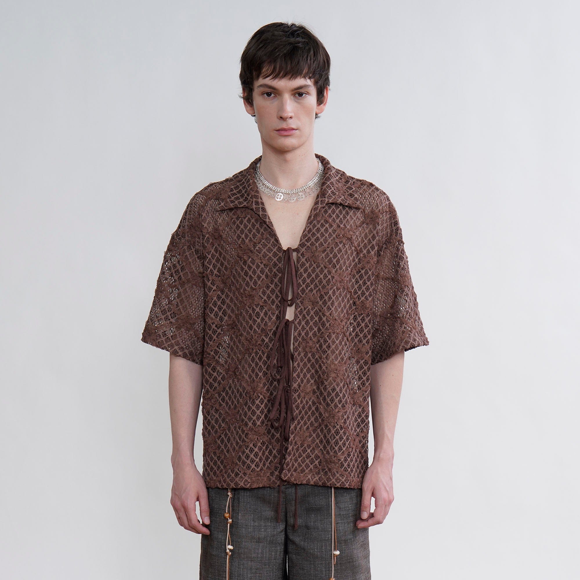 ORAL UTOPIA Crochet Tie-Front Sheer Cuban Half Shirt