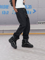 DND4DES Slanted Zipper Lace-Up Double-Waistband Raw Jeans