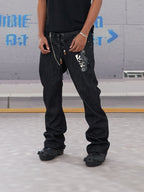 DND4DES Slanted Zipper Lace-Up Double-Waistband Raw Jeans