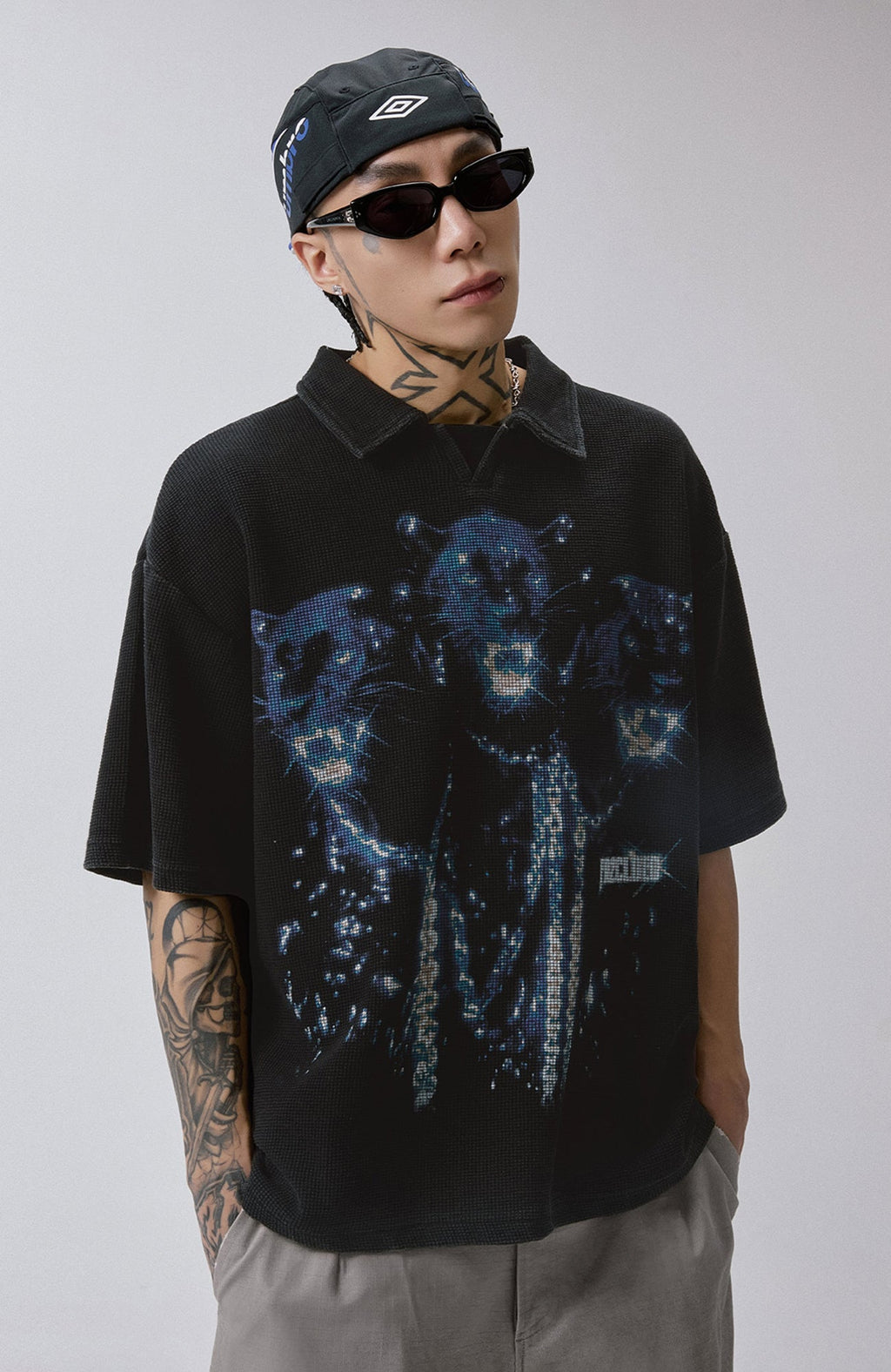 F2CE Distressed Waffle-Knit Graphic Polo