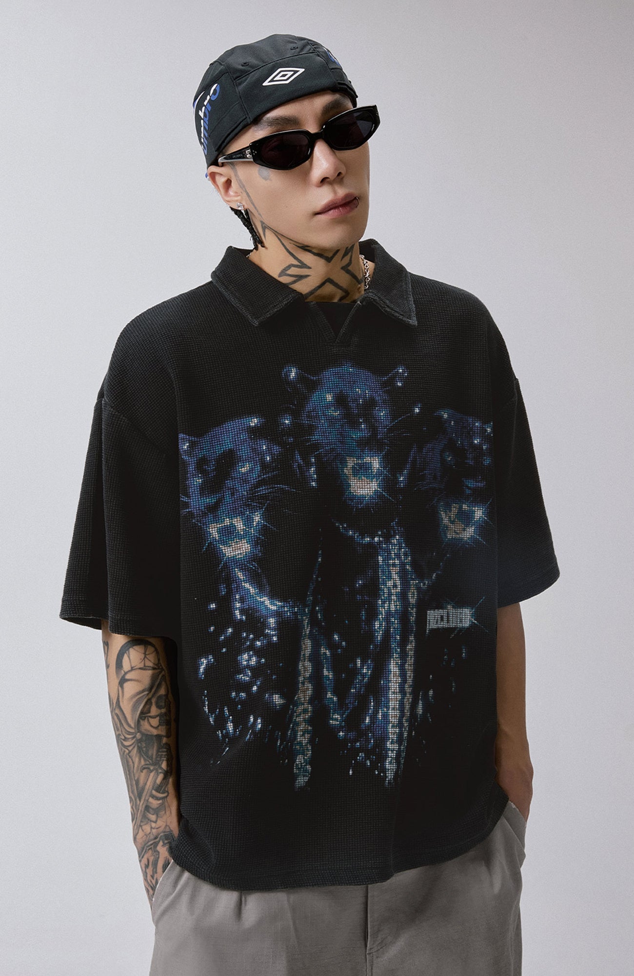 F2CE Distressed Waffle-Knit Graphic Polo