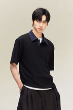 ALVNG AR ANTS Contrast Collar Waffle Knit Polo Shirt