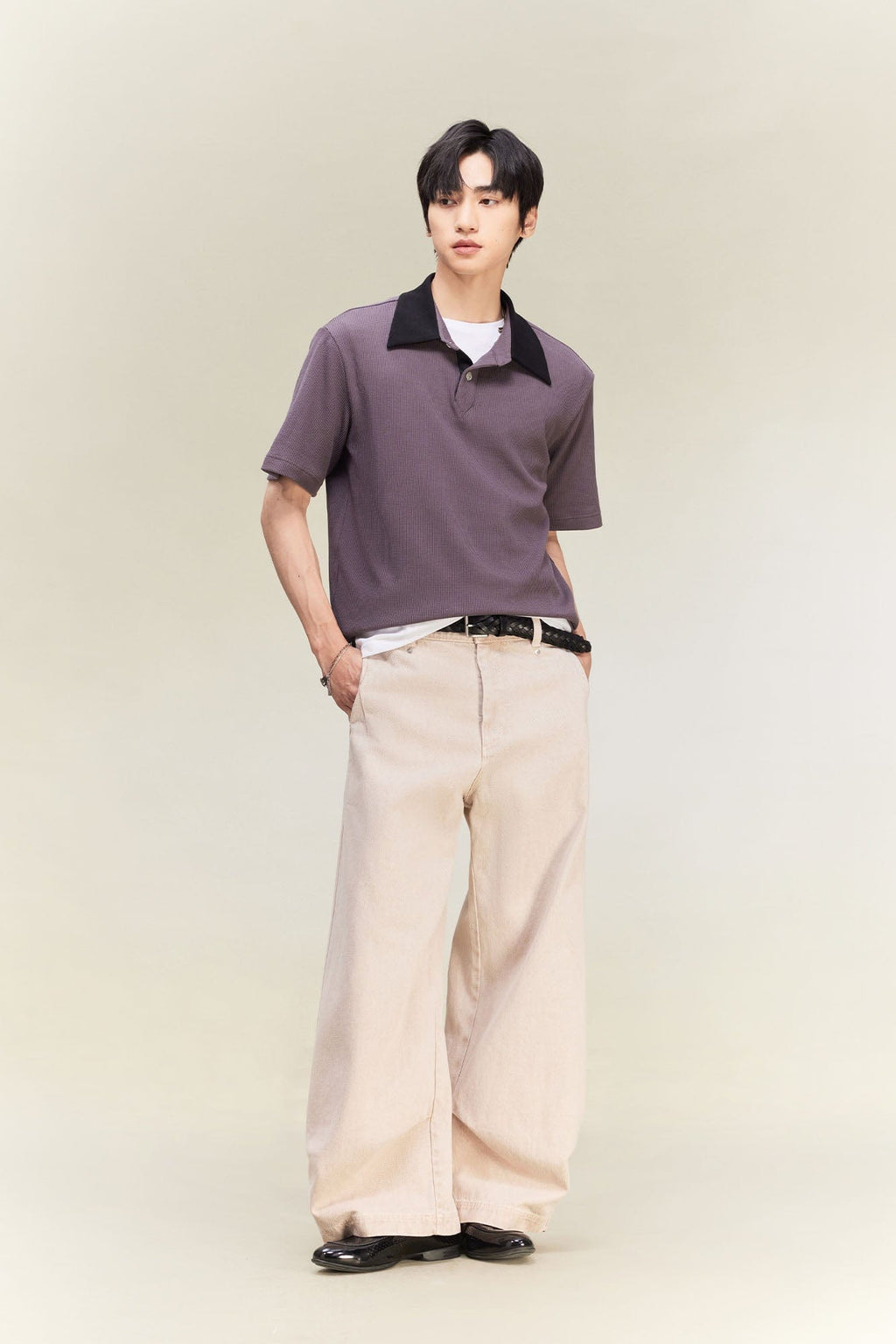 ALVNG AR ANTS Contrast Collar Waffle Knit Polo Shirt