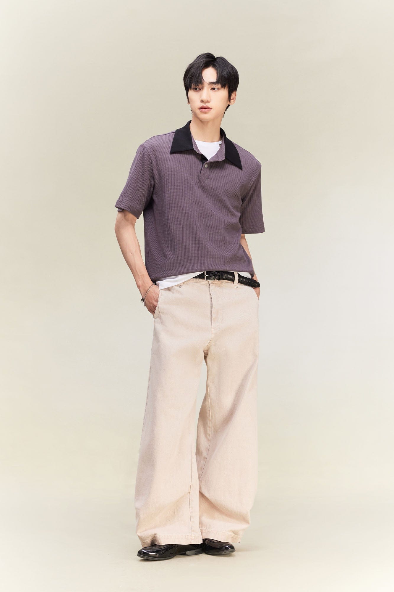 ALVNG AR ANTS Contrast Collar Waffle Knit Polo Shirt