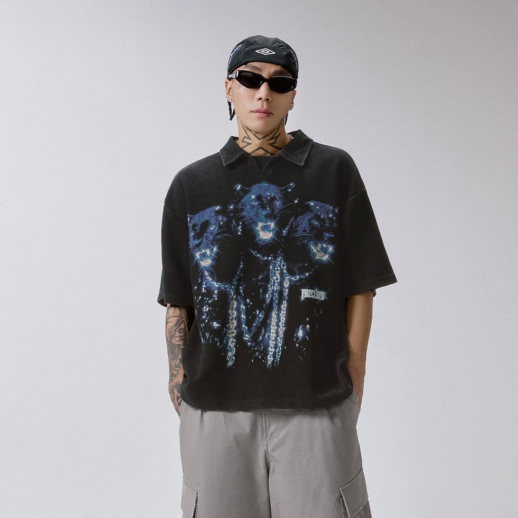 F2CE Distressed Waffle-Knit Graphic Polo