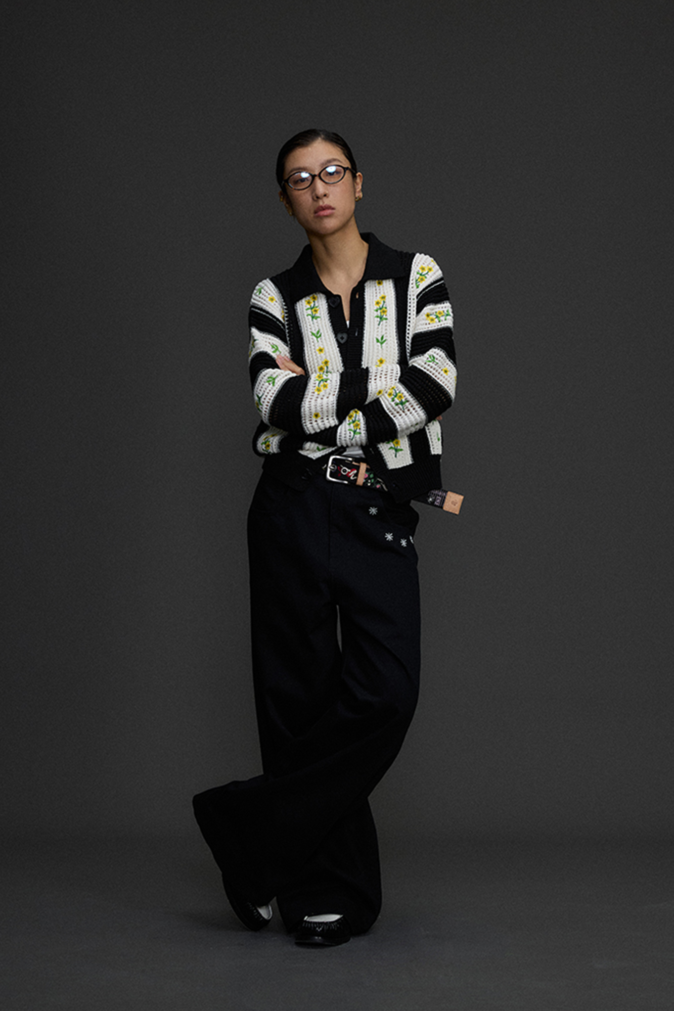 NIANJIUYIKOUER Embroidered Wide-Leg Twill Pants