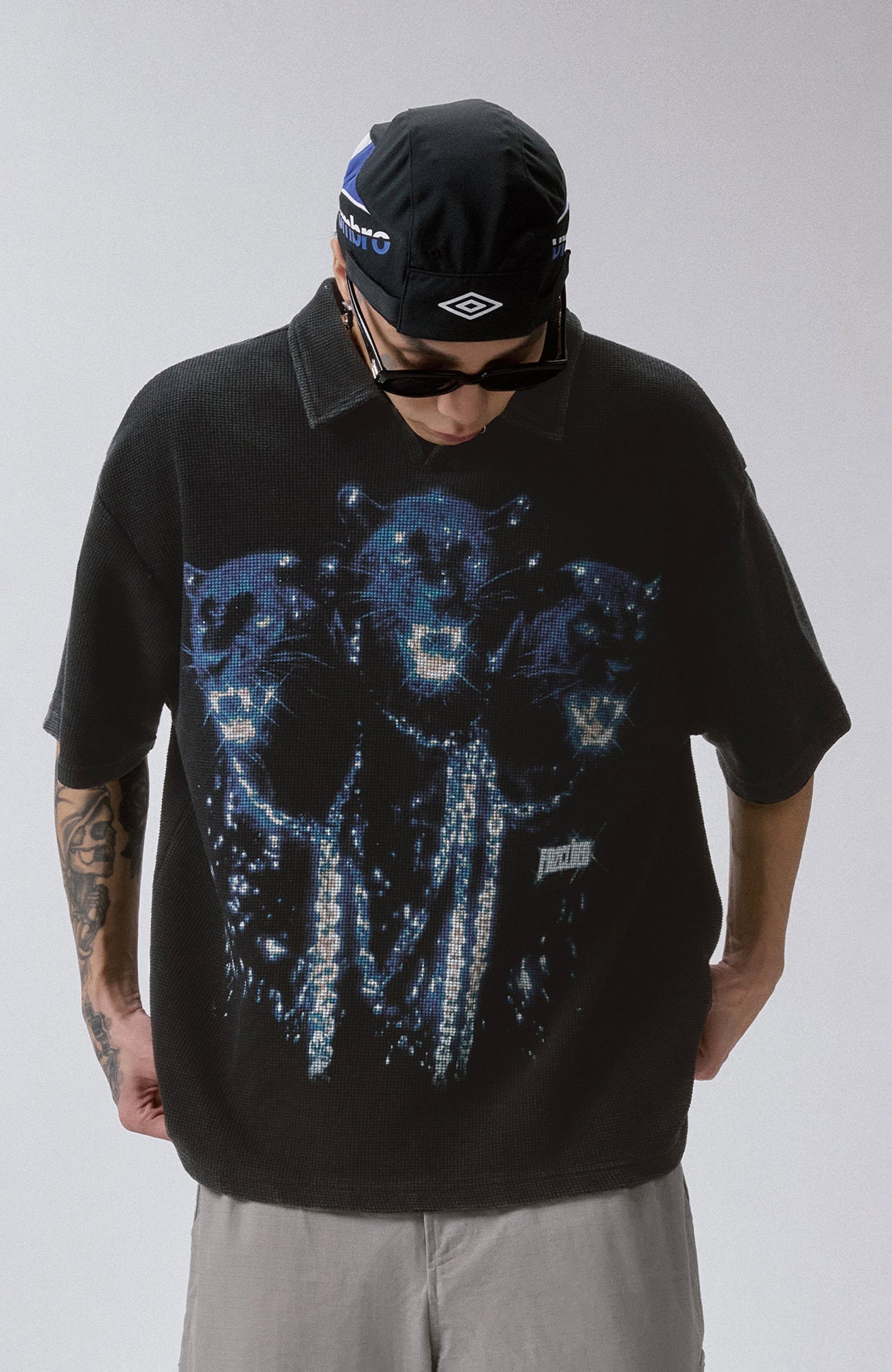 F2CE Distressed Waffle-Knit Graphic Polo