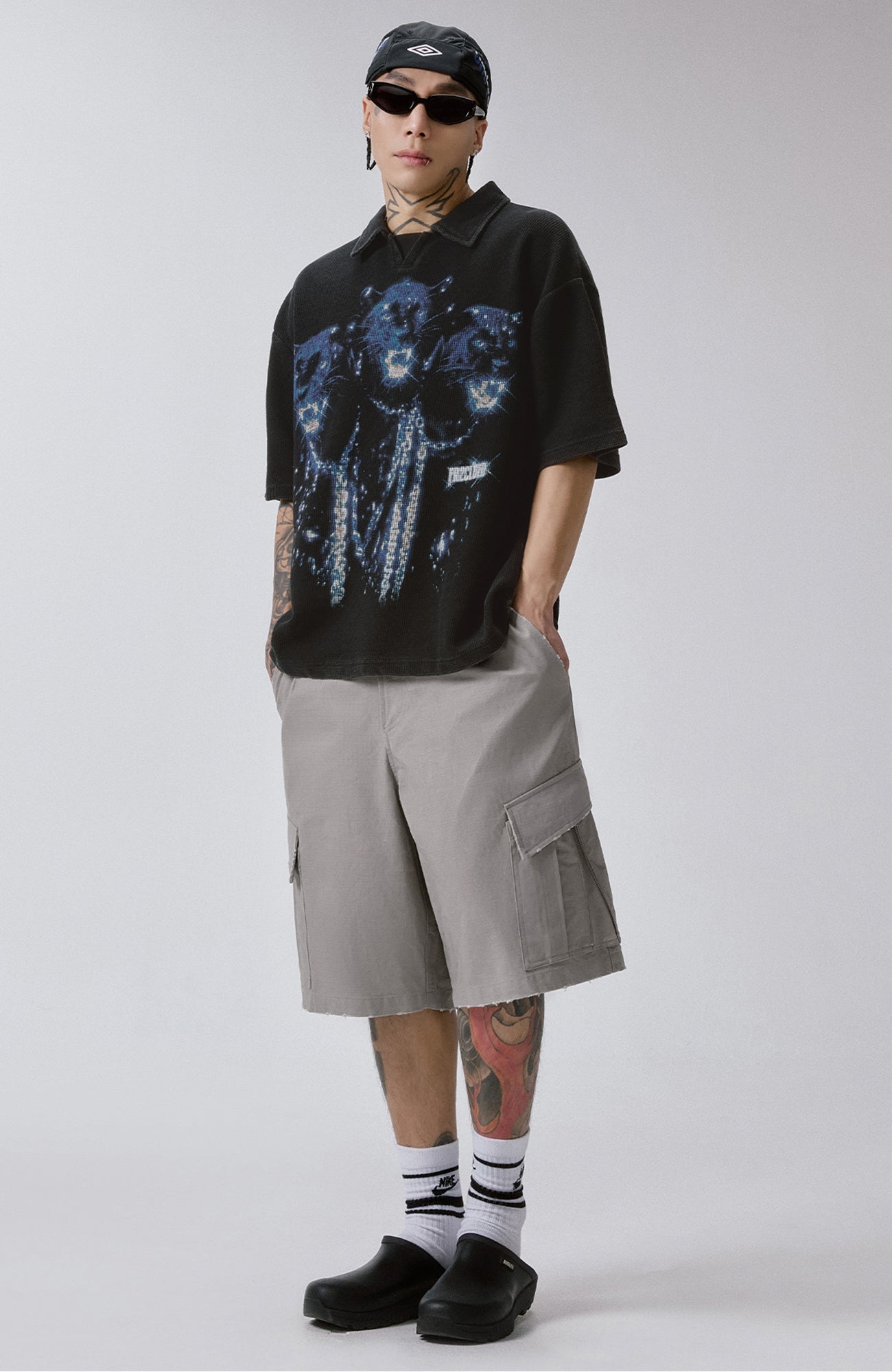 F2CE Distressed Waffle-Knit Graphic Polo