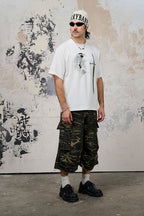 DONSMOKE Camo Multi-Pocket Raw-Edge Curved Shorts