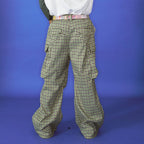 TRECLUB Plaid Multi-Pocket Crinkled Cargo Pants
