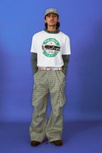 TRECLUB Plaid Multi-Pocket Crinkled Cargo Pants