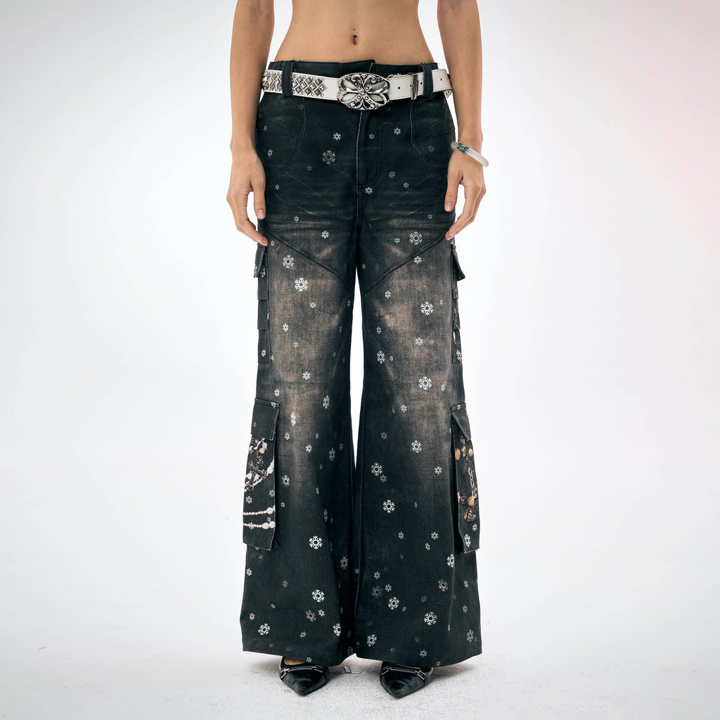 DND4DES×Faychui Snowflake Full-Print Spliced Multi-Pocket Jeans