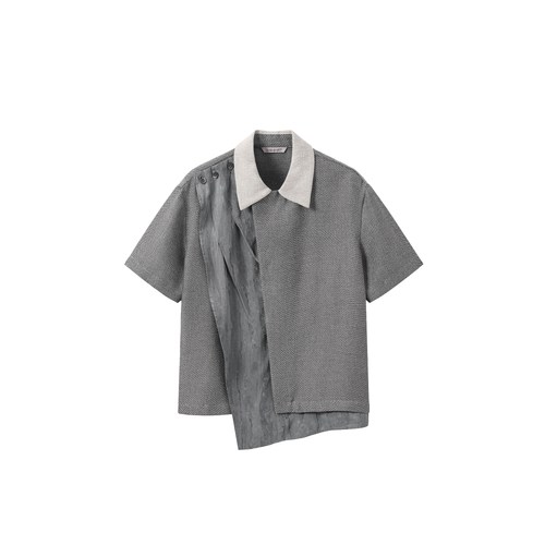 ALVNG AR ANTS Asymmetrical Contrast Spliced Linen Half Shirt