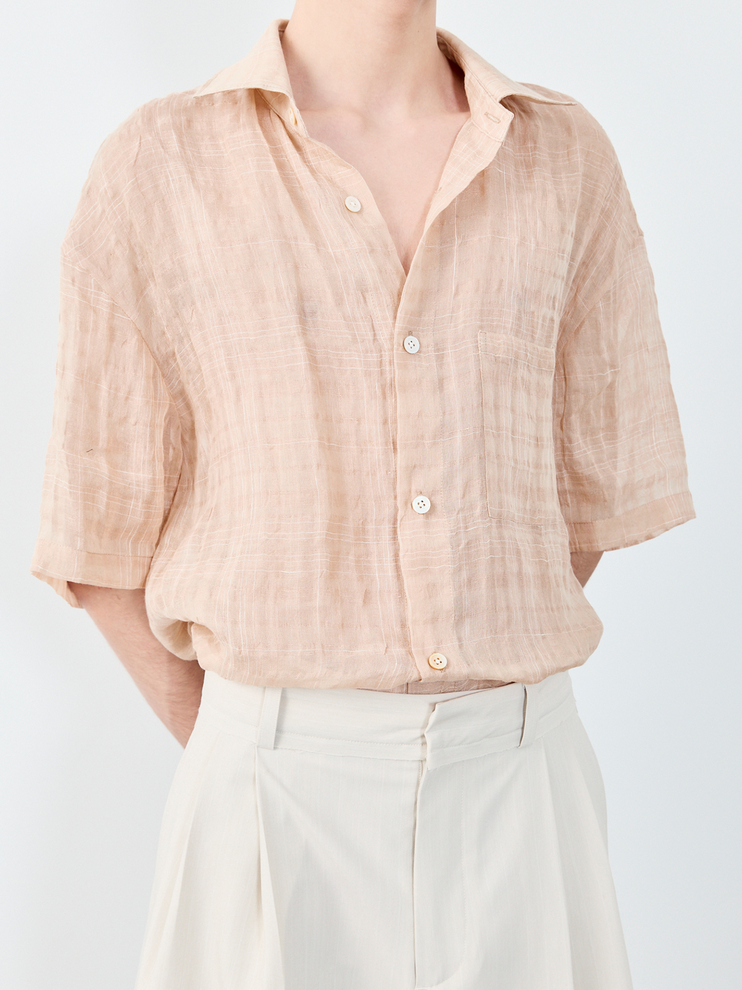 GRAINMUSTARD Linen-Cotton Plaid Half Shirt
