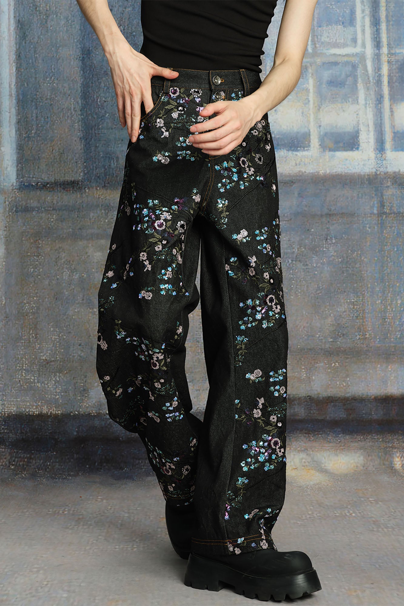 TUIMU Beaded Floral Embroidered Wide-Leg Denim Trousers