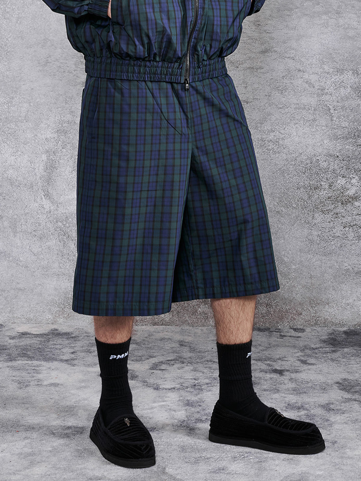 PMW Retro Plaid Drawstring Wide-Leg Shorts