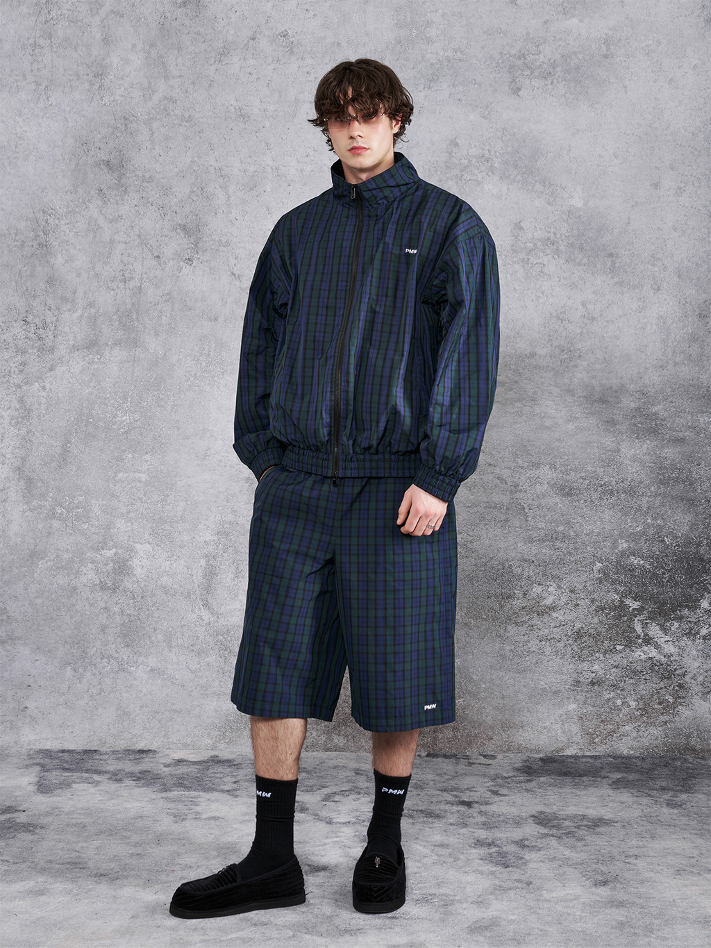 PMW Retro Plaid Drawstring Wide-Leg Shorts