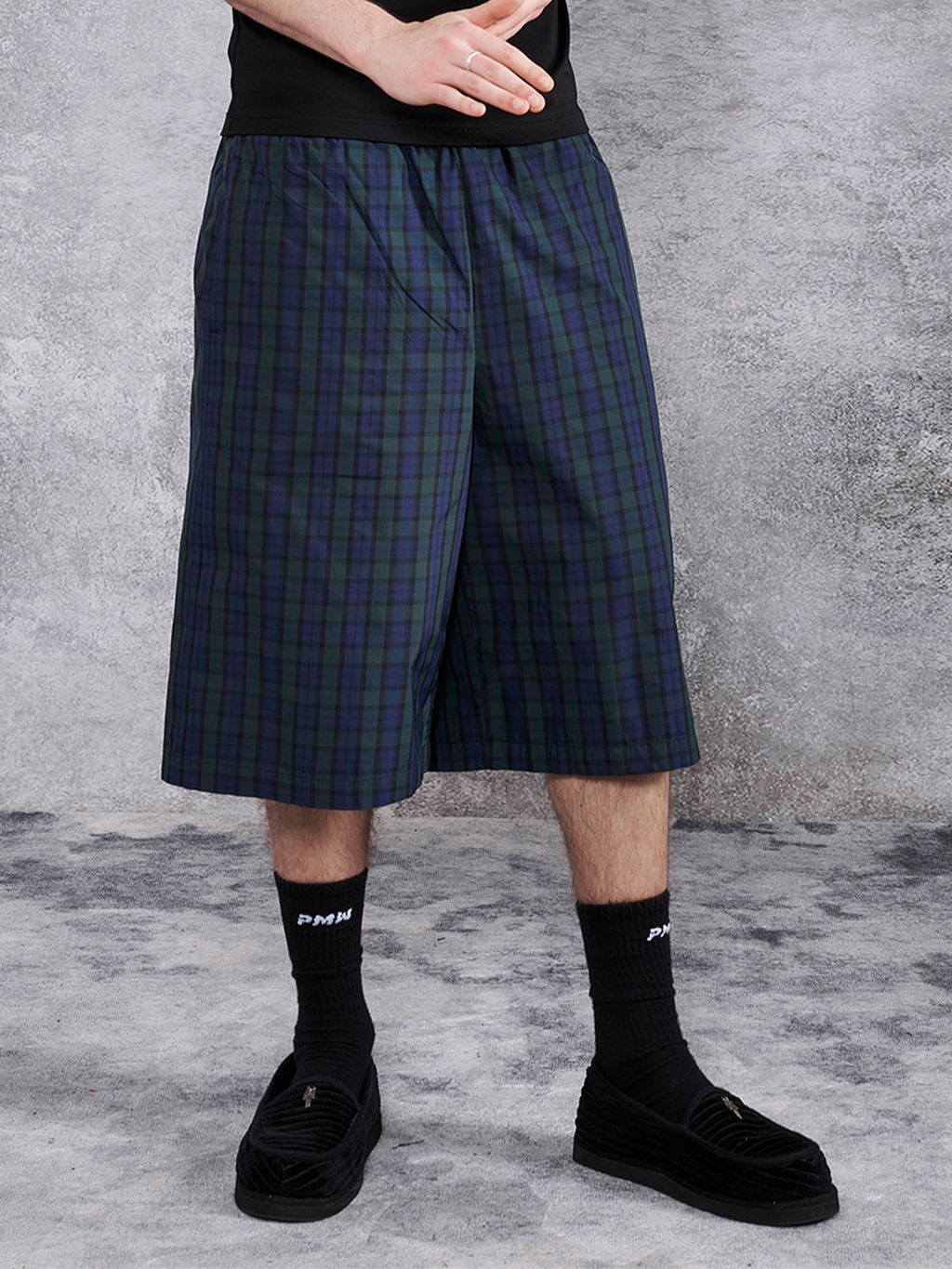 PMW Retro Plaid Drawstring Wide-Leg Shorts