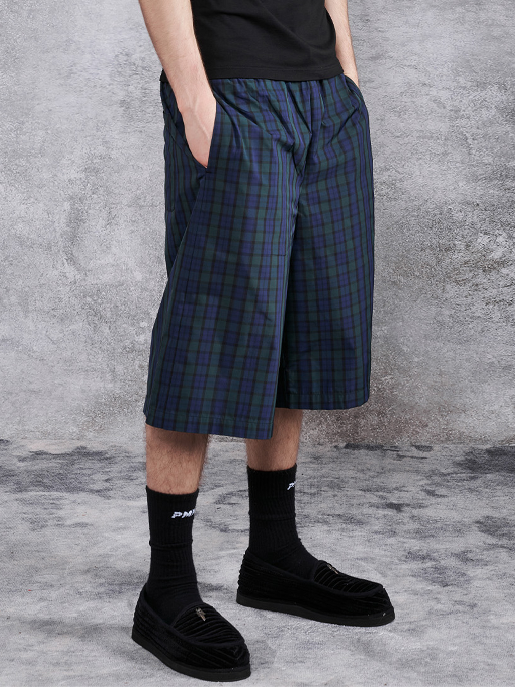PMW Retro Plaid Drawstring Wide-Leg Shorts