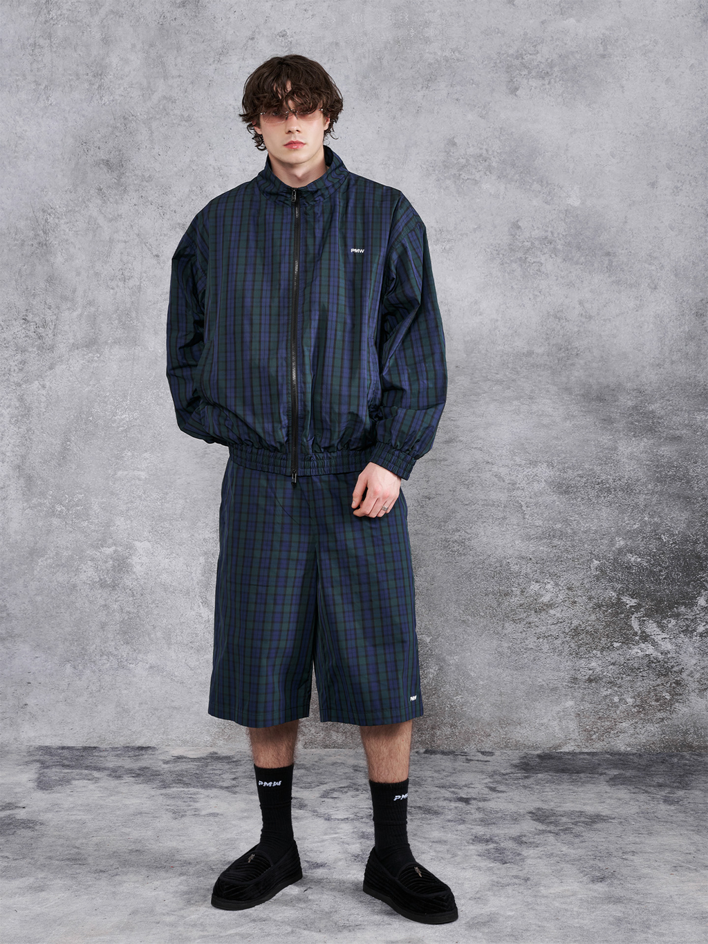 PMW Retro Plaid Drawstring Wide-Leg Shorts