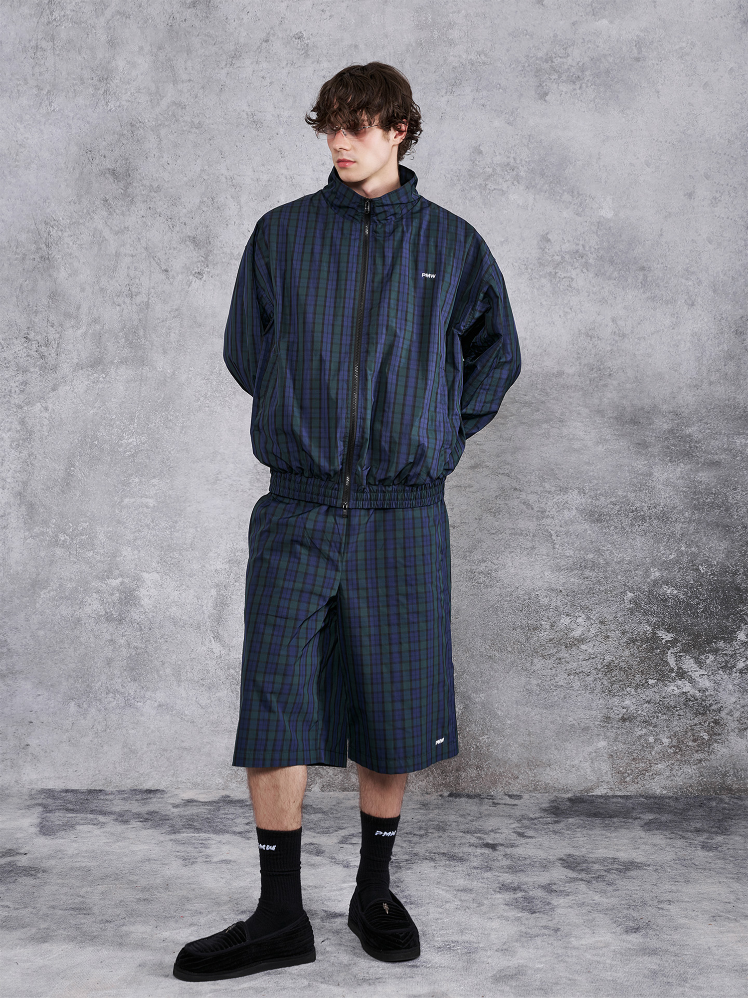 PMW Retro Plaid Drawstring Wide-Leg Shorts