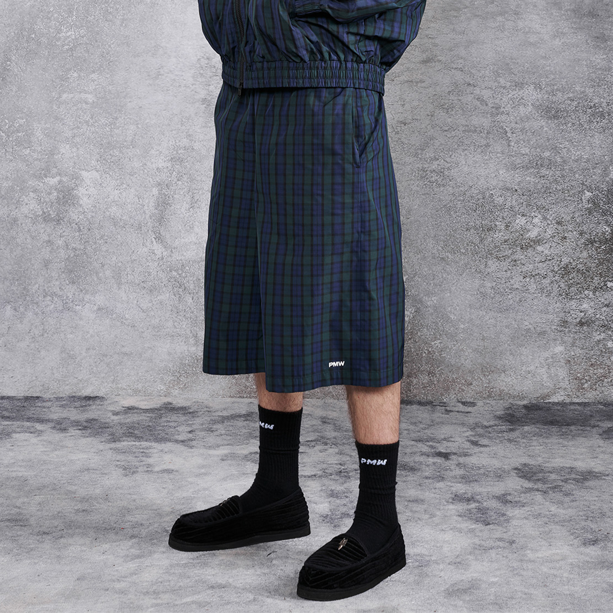 PMW Retro Plaid Drawstring Wide-Leg Shorts
