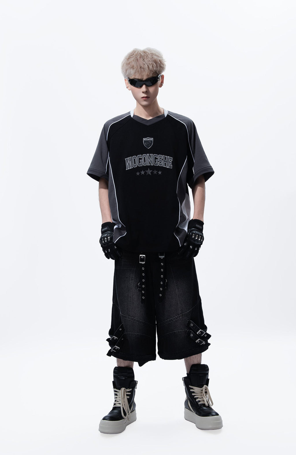 MOGONGSHE Detachable Drape-Strap Washed Jeans