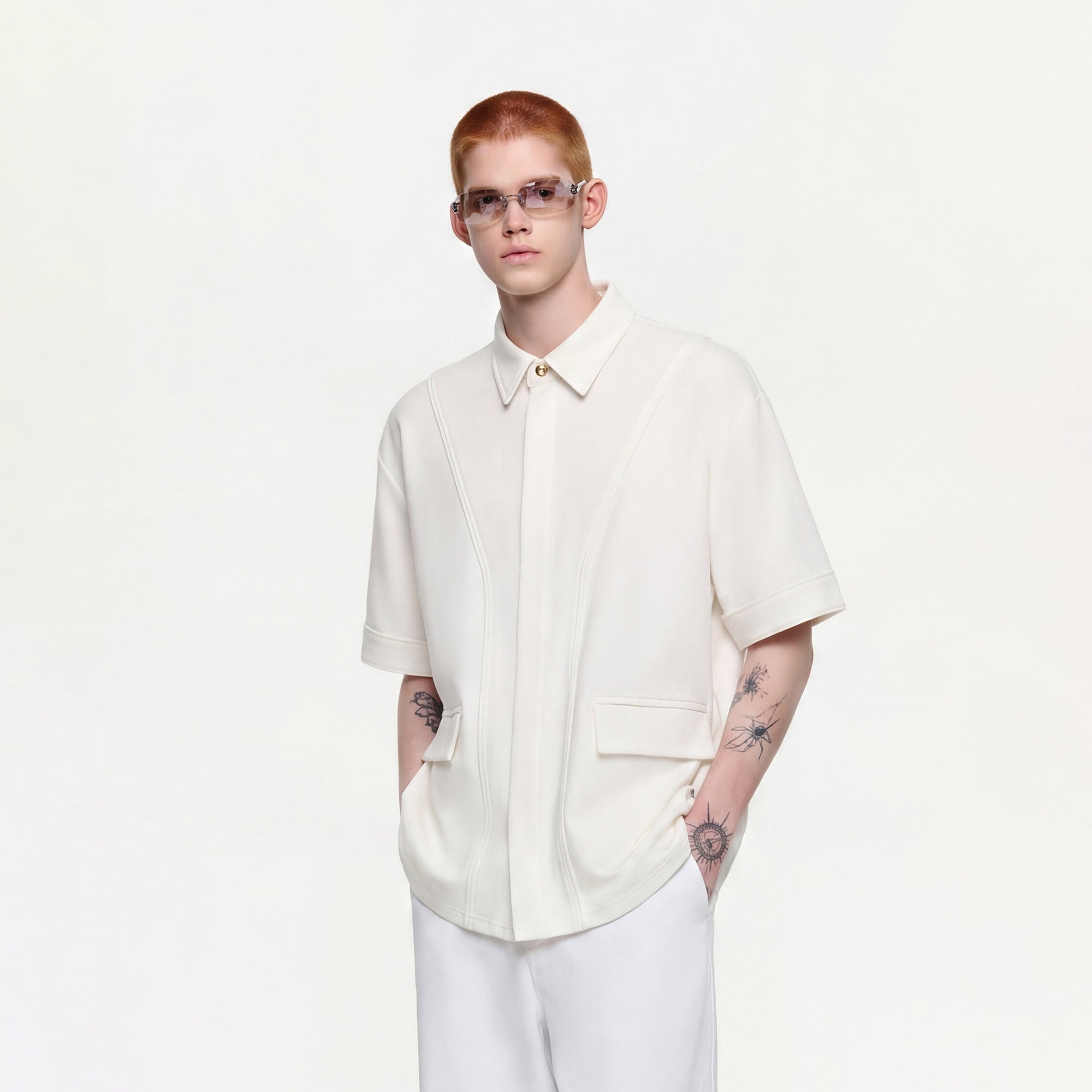 TIWILLTANG Hidden Placket Detachable Hood Half Shirt