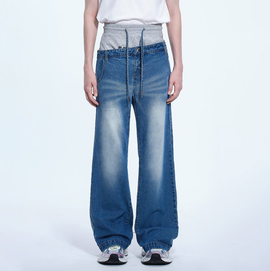 TIWILLTANG Layered Sweatband Washed Denim Pants