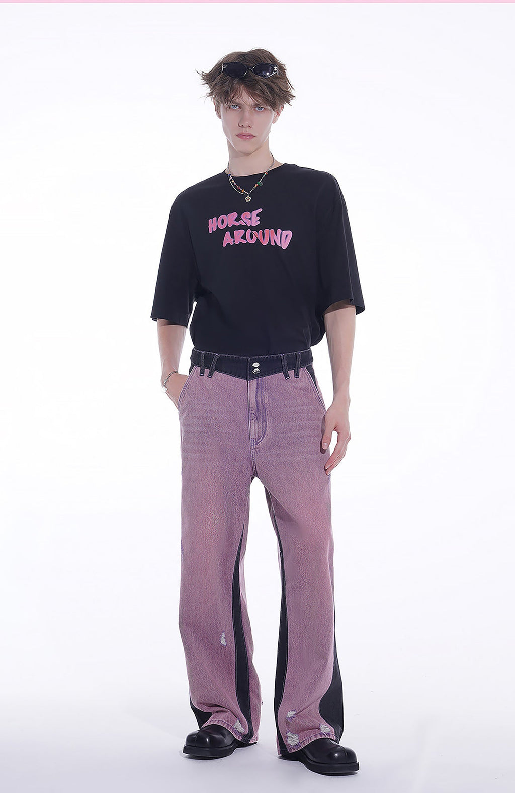 TIWILLTANG Distressed Contrast Paneled Wide-Leg Jeans