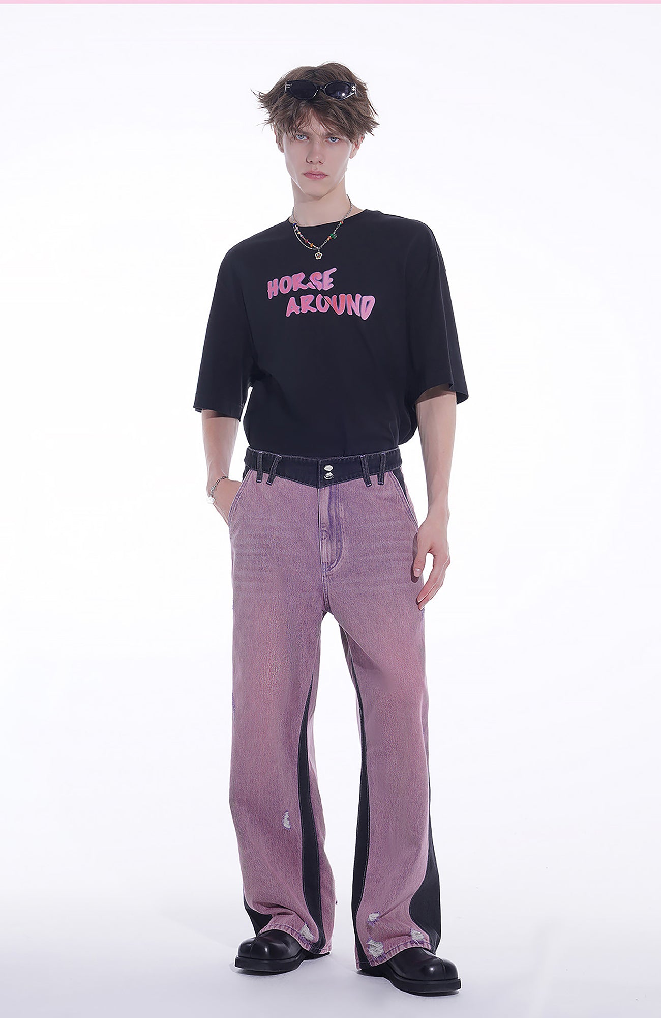 TIWILLTANG Distressed Contrast Paneled Wide-Leg Jeans