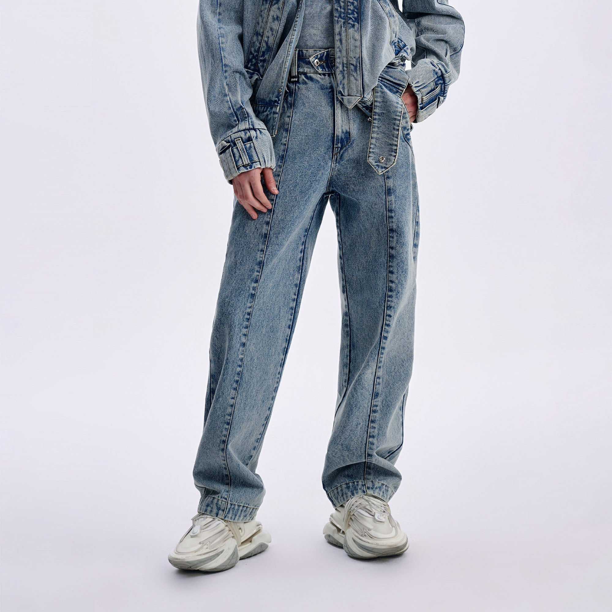 TIWILLTANG Washed Middle Panel Straight-Leg Jeans
