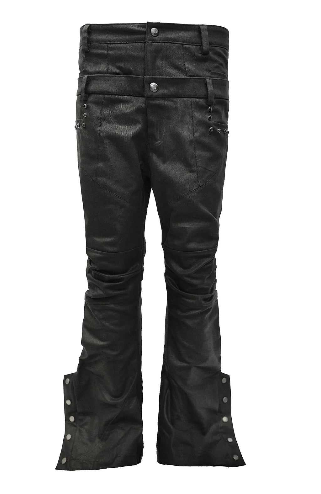 SSIN7 Double Waist Waxed Zip Flared Jeans