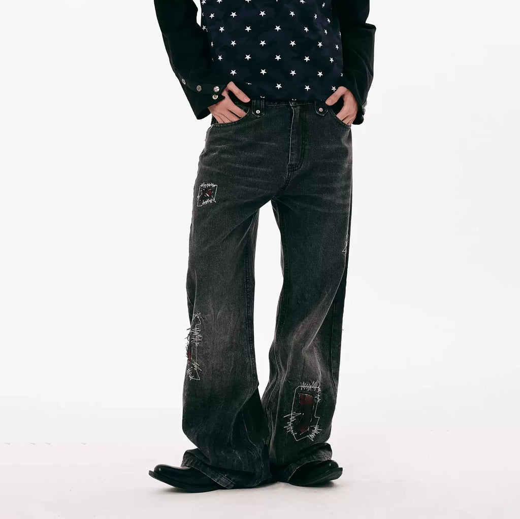 PASET Plaid Patch Distressed Back Buckle Jeans