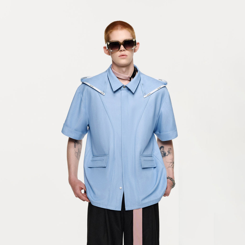 TIWILLTANG Hidden Placket Detachable Hood Half Shirt