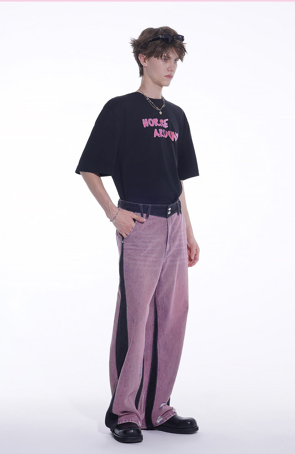 TIWILLTANG Distressed Contrast Paneled Wide-Leg Jeans