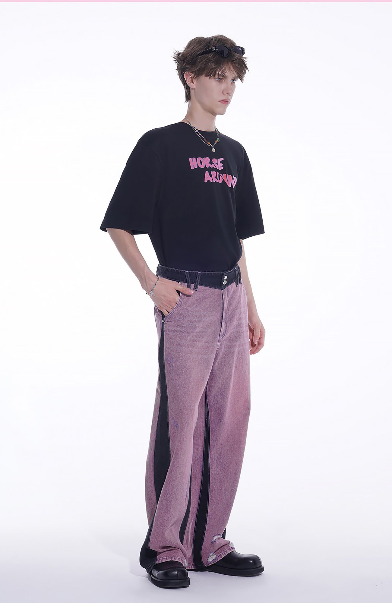 TIWILLTANG Distressed Contrast Paneled Wide-Leg Jeans